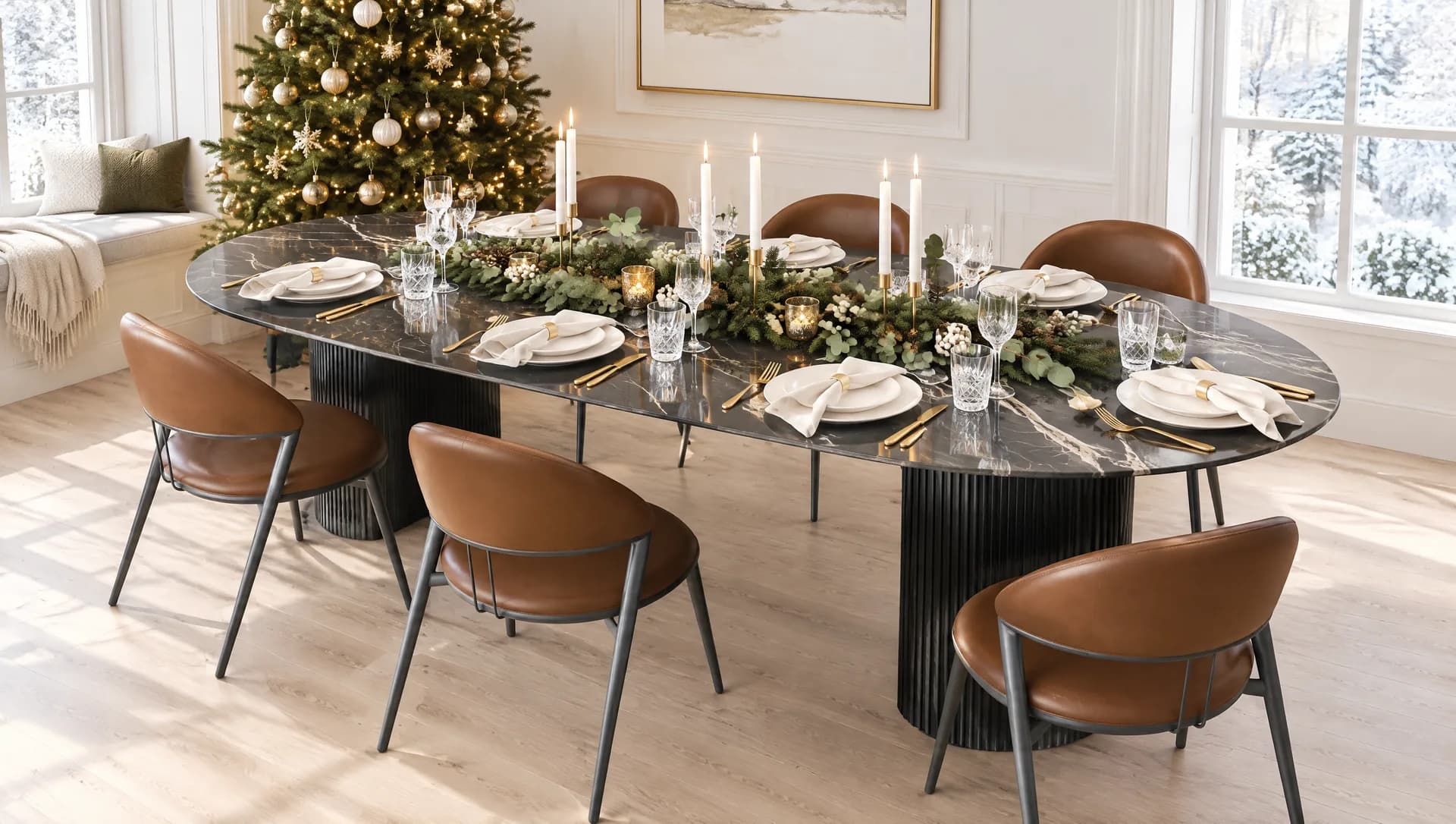 Oval Calacatta Black porcelain dining table in a bright white room set for Christmas, with a fir and eucalyptus garland on the bare stone, white taper candles, tan leather chairs and a Christmas tree by the window