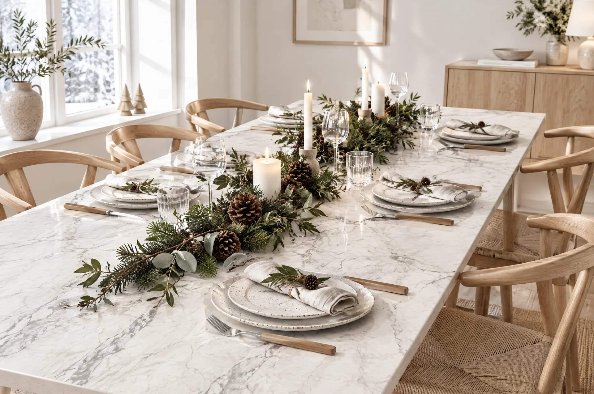 Shadow White porcelain table in winter daylight set for Christmas with a fir, olive and pine cone garland laid on the bare stone, stoneware plates and wooden chairs