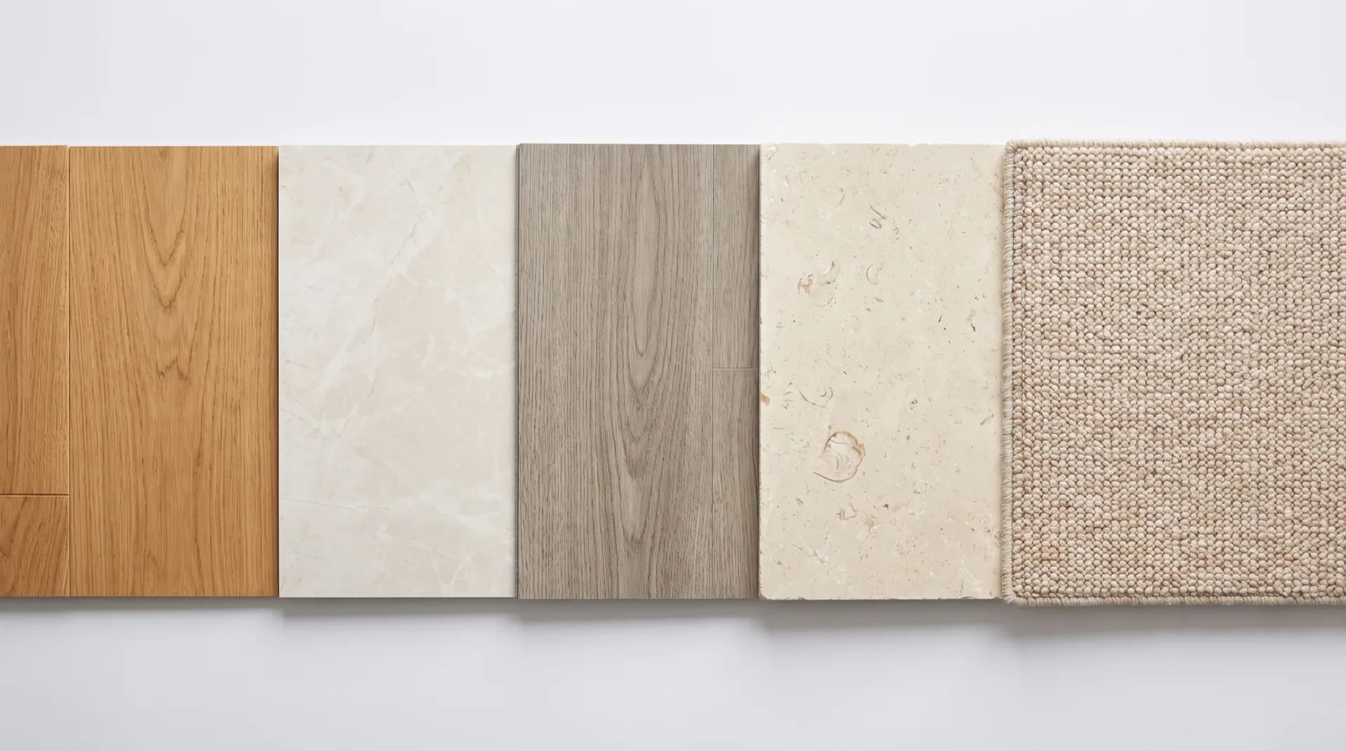 Five dining room flooring samples laid edge to edge on a pale background: wide-plank engineered oak, large-format porcelain tile, grey LVT plank, honed limestone and loop-pile wool carpet
