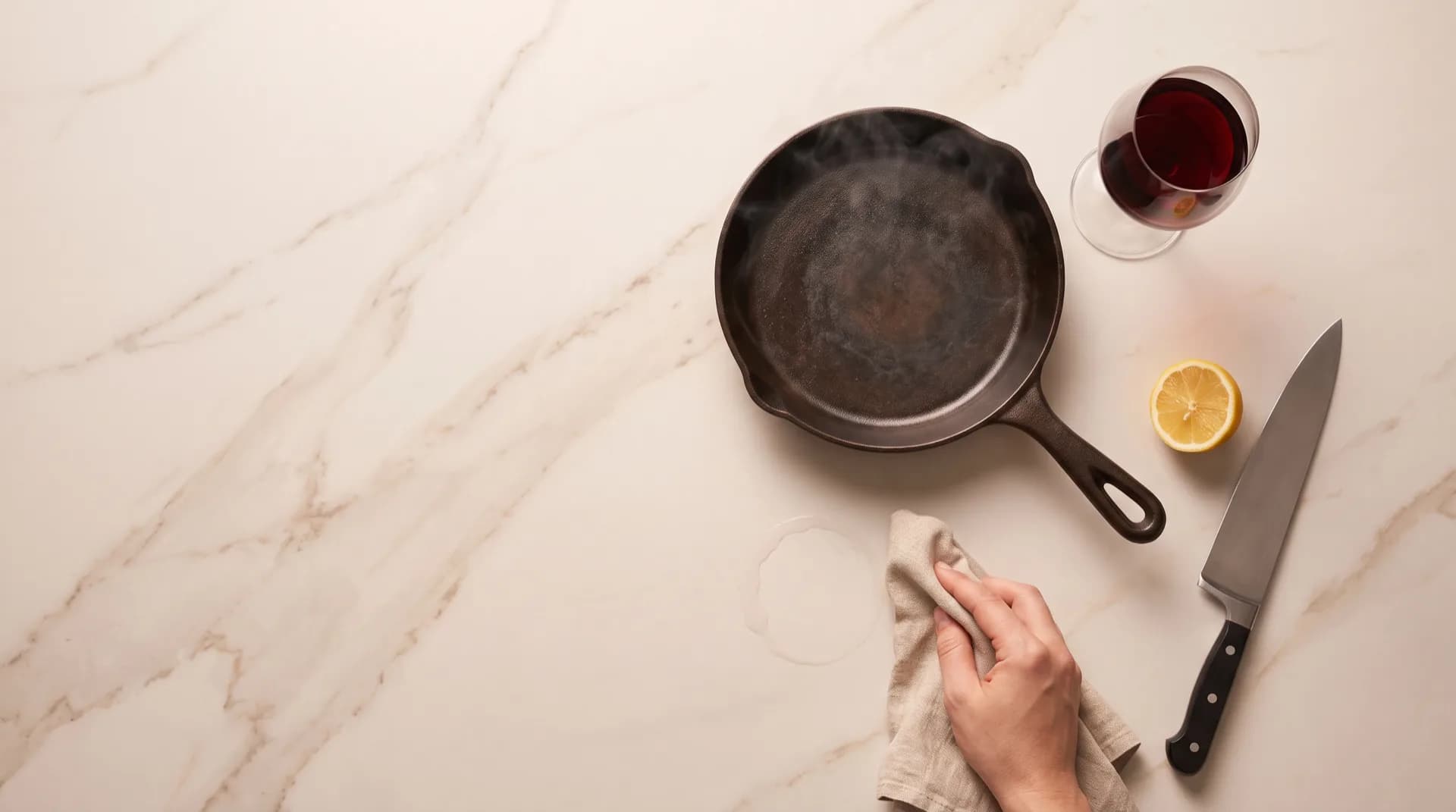 Overhead view of a hot cast iron pan set straight onto a pale marble-effect sintered stone table top, with a glass of red wine, a halved lemon and a chef's knife beside it and a cloth wiping away a water ring, the surface unmarked
