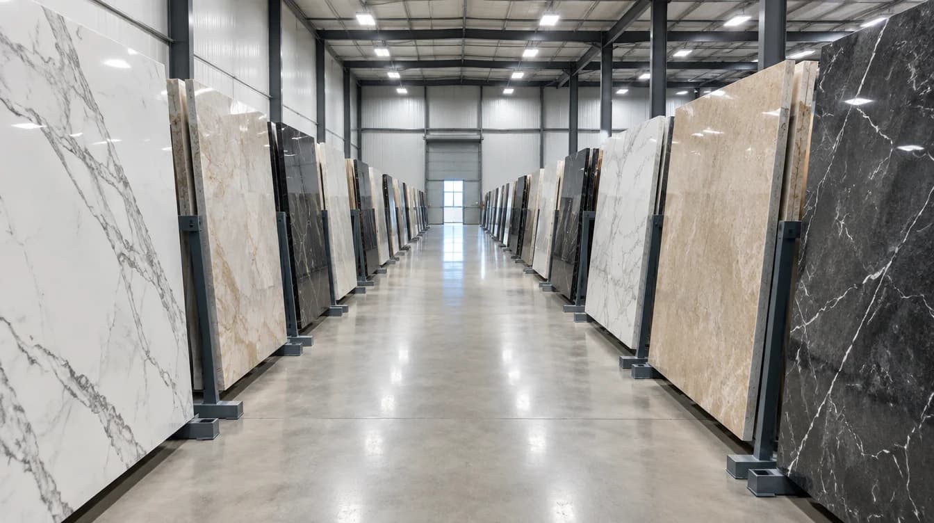 Large format porcelain slabs stored upright on steel racks down both sides of a warehouse aisle, in white marble, travertine and charcoal surfaces