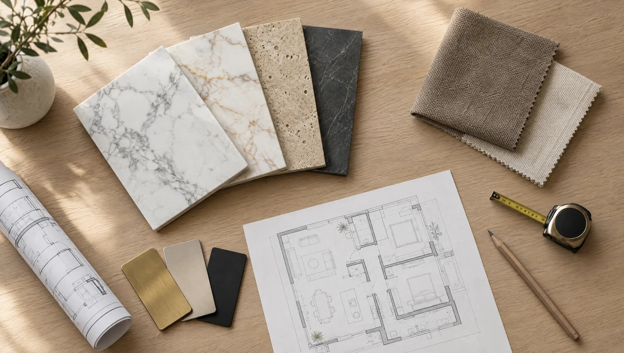 Interior designer's worktable seen from above, with porcelain stone samples in marble, travertine and charcoal fanned out beside brass and black metal swatches, fabric swatches, a floor plan, a tape measure and a pencil